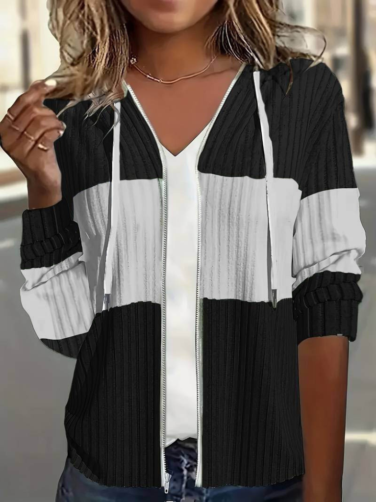 Kadın Uzun Kollu Kapşonlu önden Fermuarlı Blok Desenli şardonlu Kaşkorse Ceket - Görsel 7