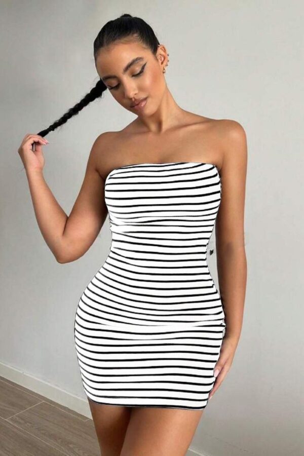 Kadın Kaşkorse Kumaş Çizgi Desenli Mini Elbise