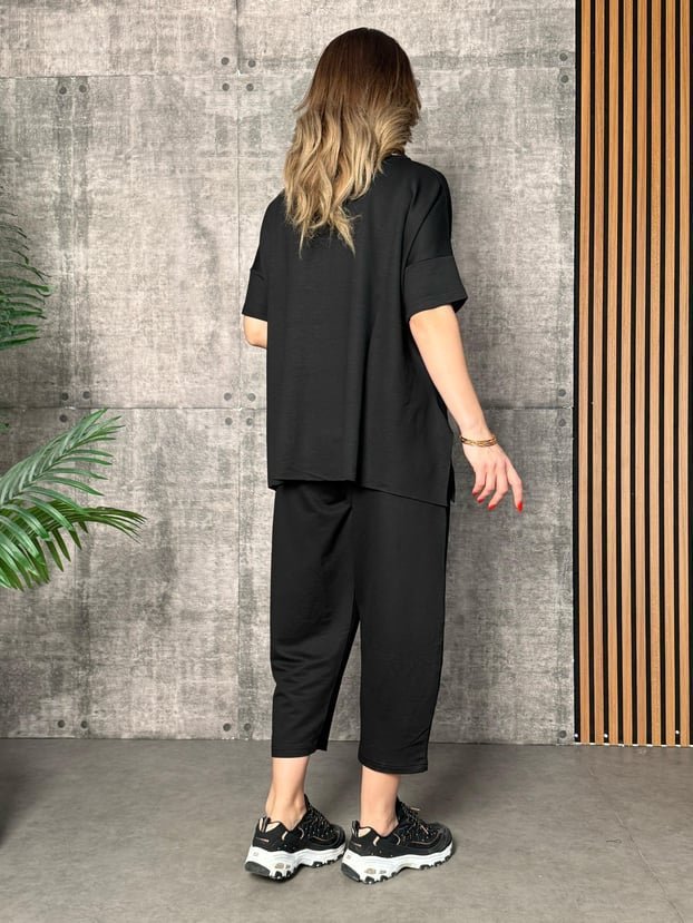 Kadın Kısa Kollu Bisiklet Yaka Viskon Iki Iplik Bluz Ve Pantolon Ikili Takım - Görsel 2