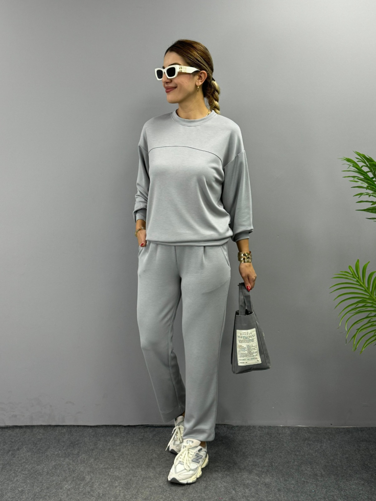 Kadın Uzun Kollu Bisiklet Yaka Viskon Iki Iplik Bluz Ve Pantolon Ikili Takım - Görsel 19