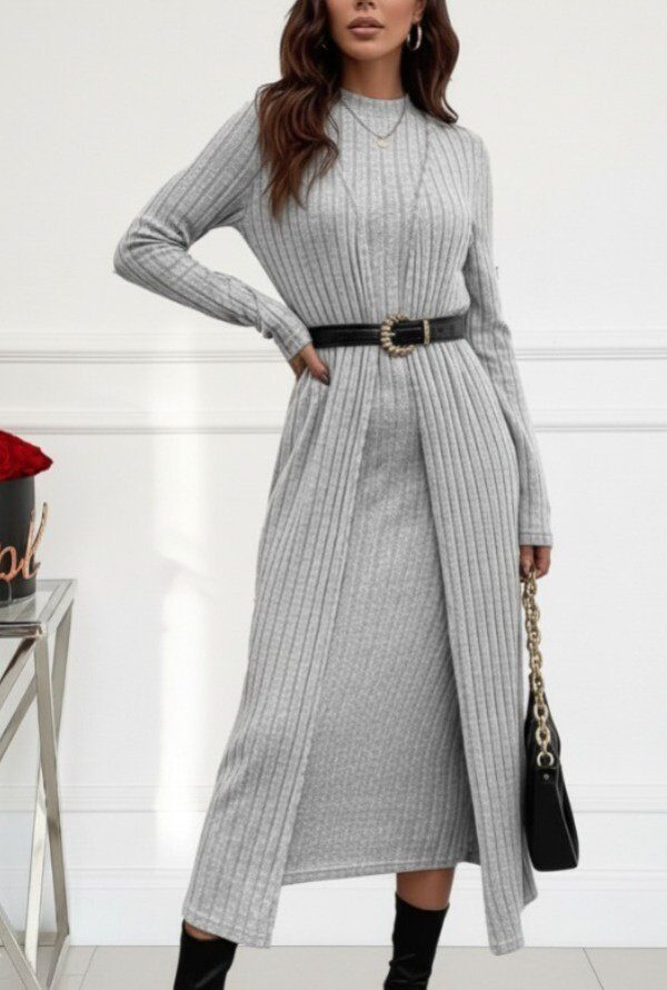 Kadın Uzun Kollu Yarı Balıkçı Yaka şardonlu Kaşkorse Elbise Ve Uzun Hırka Ikili Takım