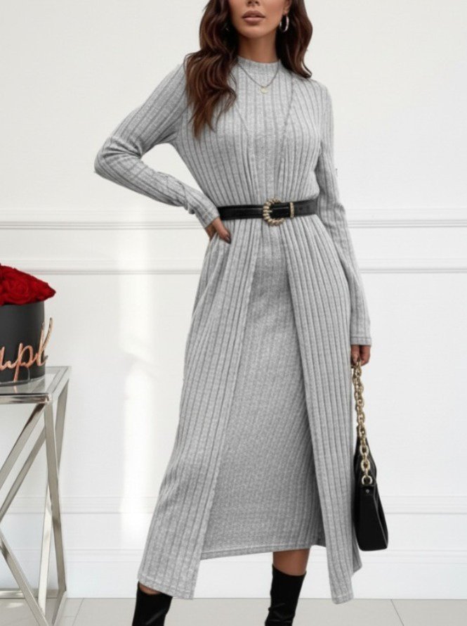 Kadın Uzun Kollu Yarı Balıkçı Yaka şardonlu Kaşkorse Elbise Ve Uzun Hırka Ikili Takım