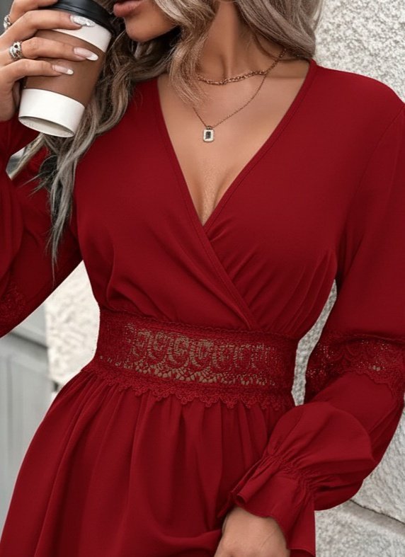 Kadın Uzun Kollu Kruvaze Yakalı Dantelli Fermuar Detaylı Mini Ithal Krep Elbise - Görsel 7