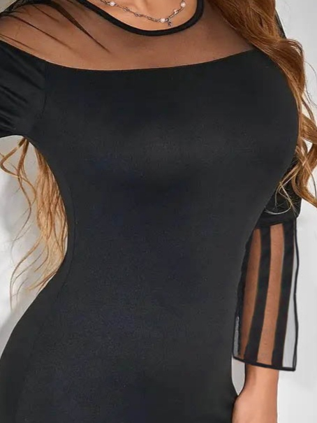 Kadın Uzun şeffaf şerit Kollu Madonna Yaka Vücudu Saran Dalgıç Kısa Elbise - Görsel 2