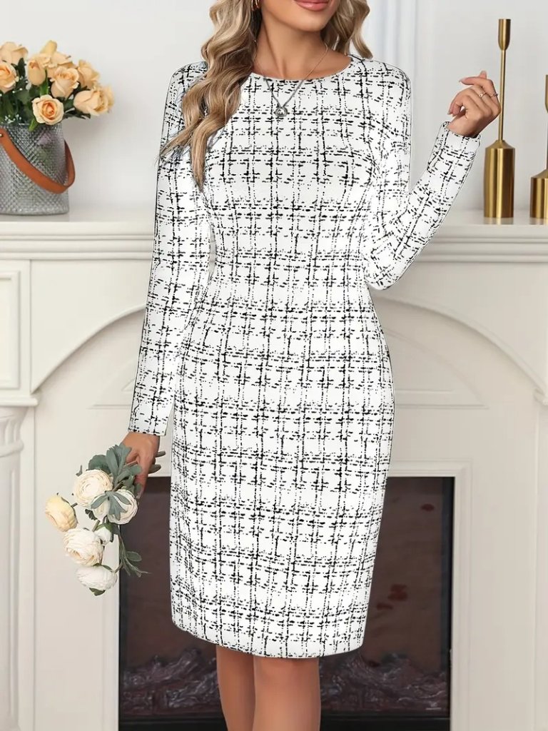 Kadın Uzun Kollu Bisiklet Yaka Desenli Dalgıç Kısa Elbise - Görsel 7