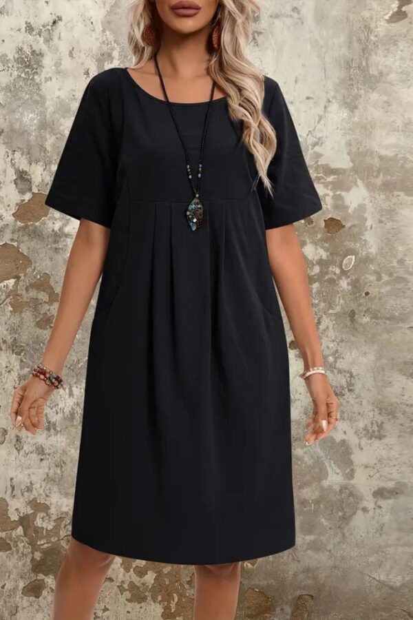 Kadın Kısa Kollu Yakası Açık önden Büzgülü Cep Detaylı Viskon Iki Iplik Elbise