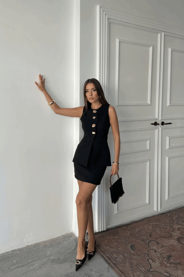 KLASİK GOLD DÜĞMELİ YELEK - KISA ETEK TAKIM - Siyah