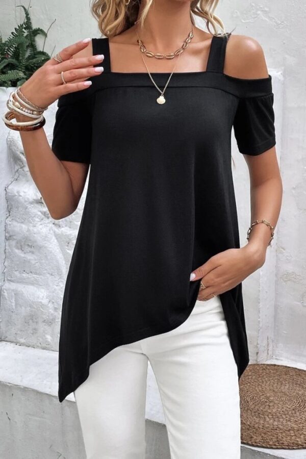 Kadın Kısa Kollu Omuzlardan Açık Askılı Asimetrik Kesim Viskon Bluz