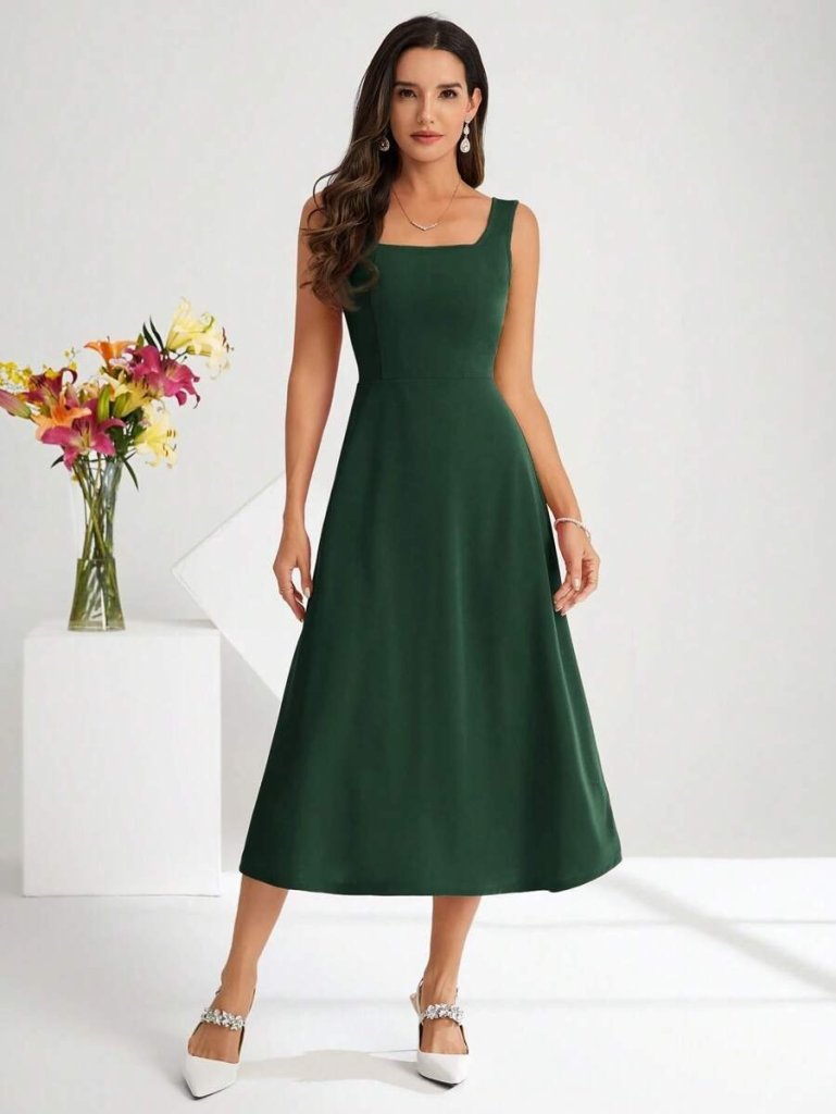 Kadın Askılı Kare Yakalı Midi Ithal Krep Elbise - Görsel 18