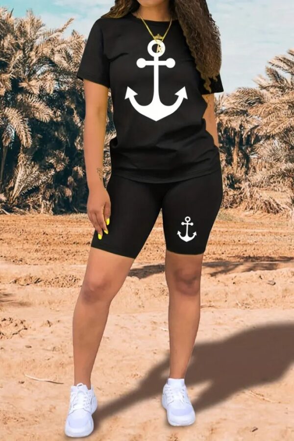 Kadın Kısa Kollu çapa Baskılı Viskon Ikili Takım