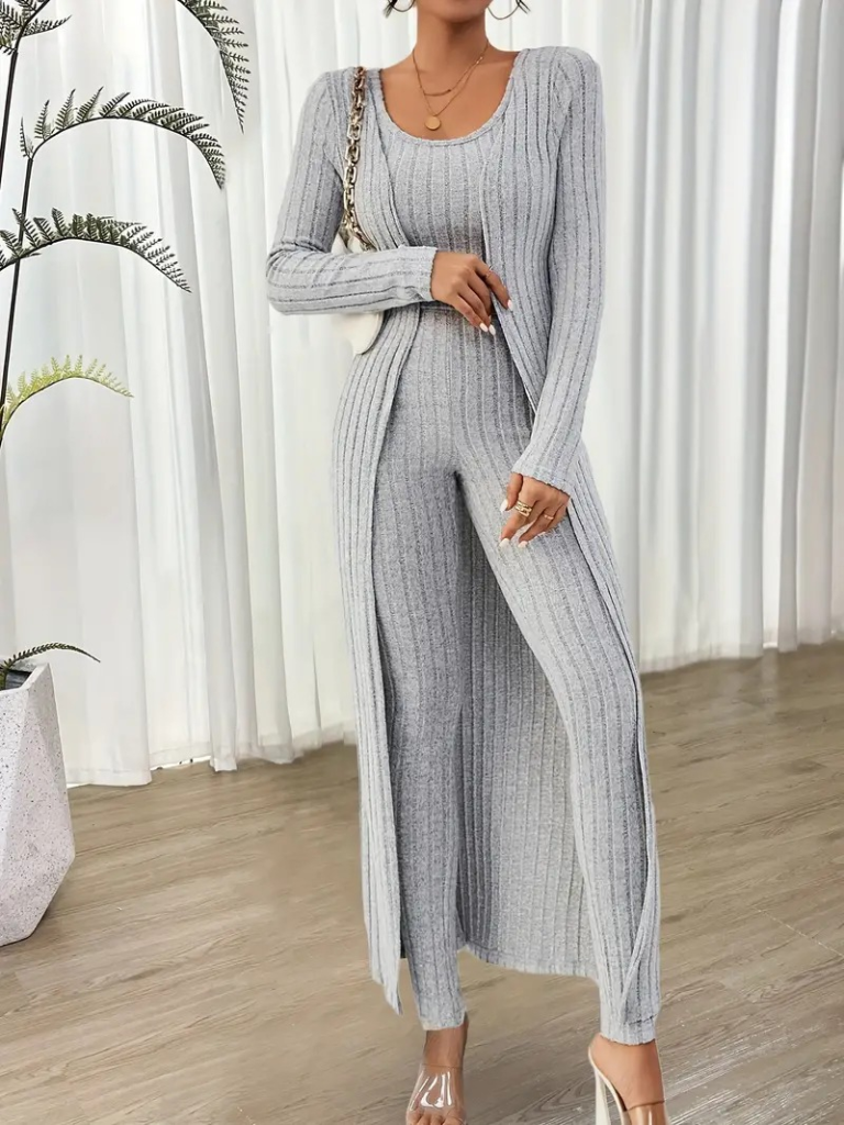 Kadın Yuvarlak Yaka Askılı Krop Bluz Yüksek Bel Tayt Ve Uzun Hırka şardonlu Kaşkorse üçlü Takım - Görsel 3