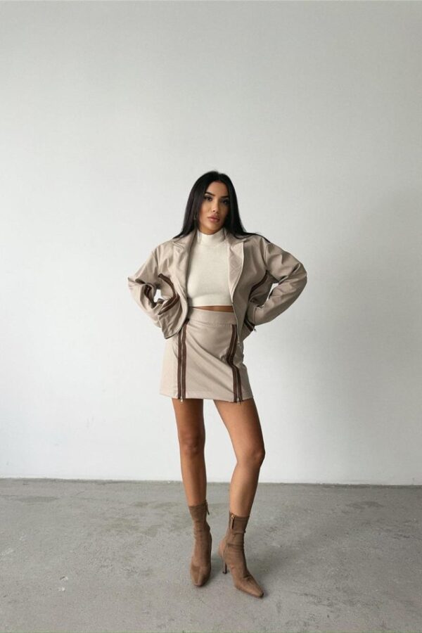 DERİ FERMUAR DETAYLI ETEK - Taş