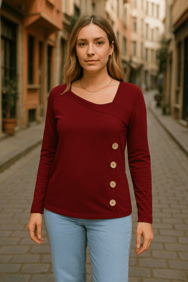 Kadın Uzun Kollu Geometrik Yaka Detay Yandan Düğmeli Viskon Iki Iplik Bluz