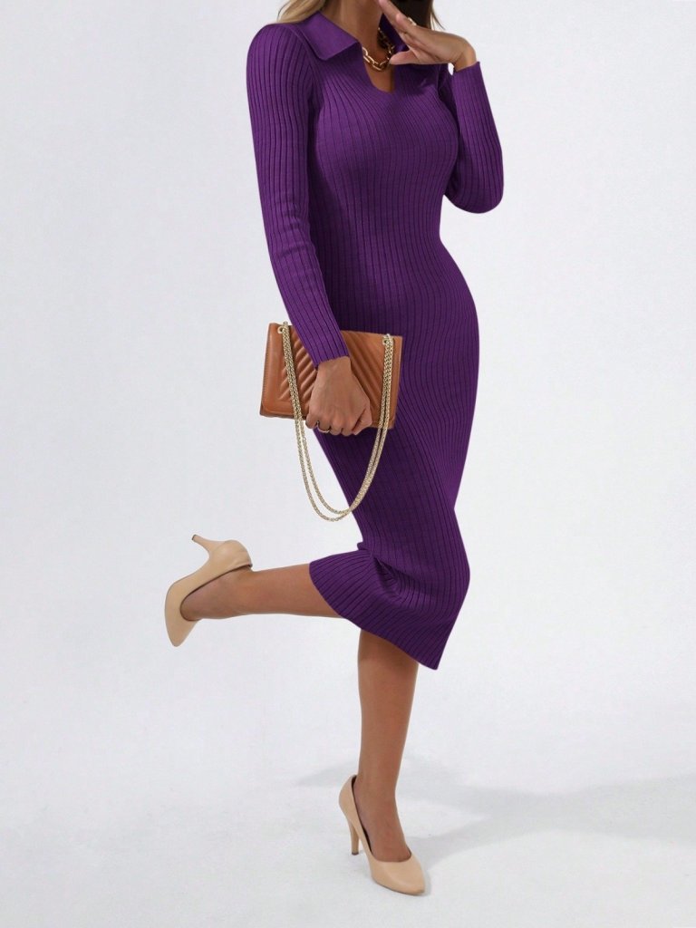 Kadın Uzun Kollu Yakalı Triko Elbise - Görsel 15