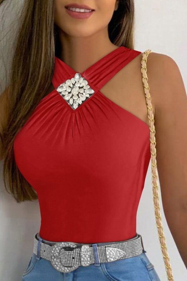 Kadın Yakası önden çaprazlı Taş Detaylı Viskon Bluz