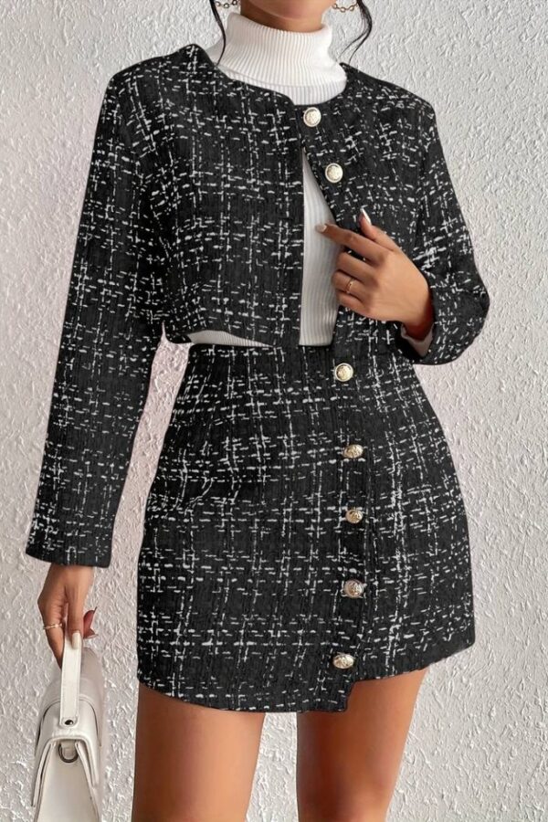 Kadın Uzun Kollu önü Düğmeli şanel Ceket Ve Etek Takım