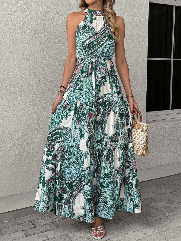 Kadın Halter Yakalı Omuzlardan Açık Kuşaklı Maksi Boy Desenli Süprem Elbise - Görsel 19