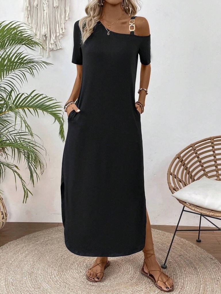 Kadın Tek Omuzdan Açık Toka Detaylı Yandan Yırtmaçlı Maksi Boy Viskon Elbise - Görsel 4