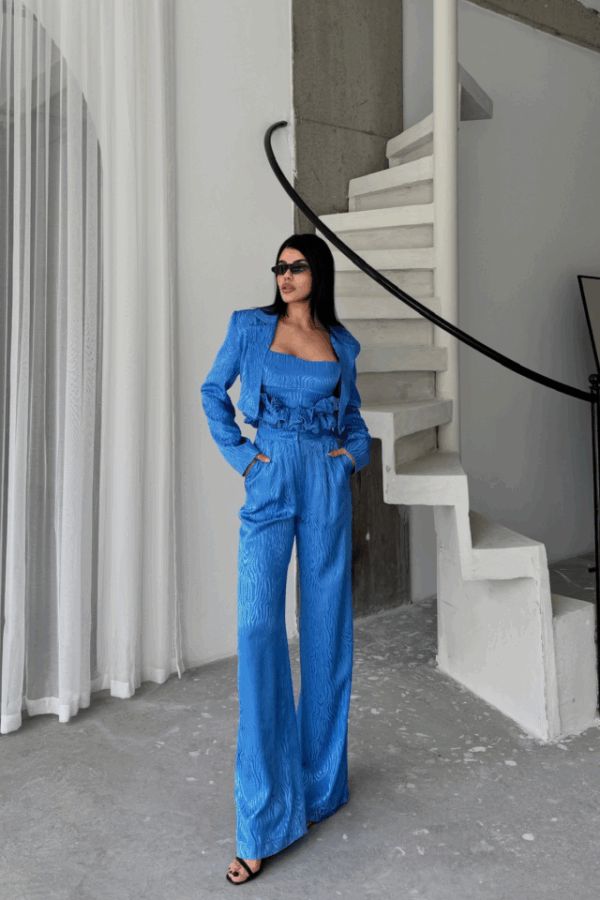 JAKARLI BLUZU TASARIM DETAYLI CEKET-PANTOLON-BLUZ 3 LÜ TAKIM - Mavi