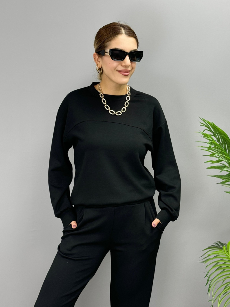 Kadın Uzun Kollu Bisiklet Yaka Viskon Iki Iplik Bluz Ve Pantolon Ikili Takım - Görsel 2