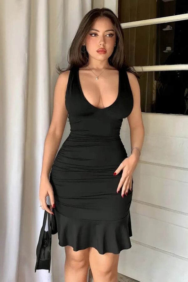 Kadın Askılı Derin V Dekolteli Fırfırlı Janjan Krep Elbise