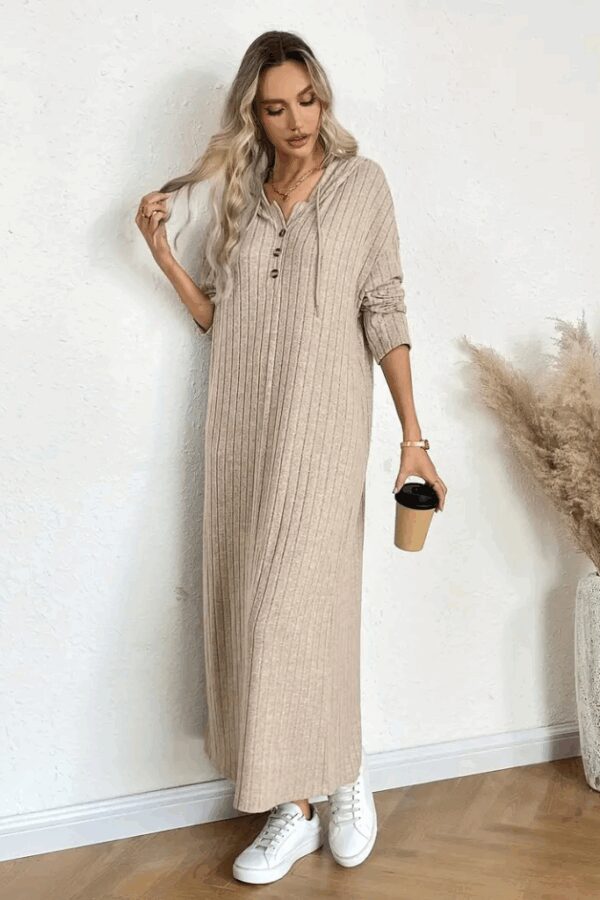 Kadın Uzun Kollu Kapşonlu Bağcıklı şardonlu Kaşkorse Uzun Elbise