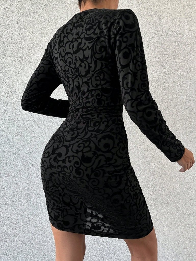 Kadın Uzun Kollu Bisiklet Yaka Yandan Büzgülü Flok Baskı Sandy Elbise - Görsel 6