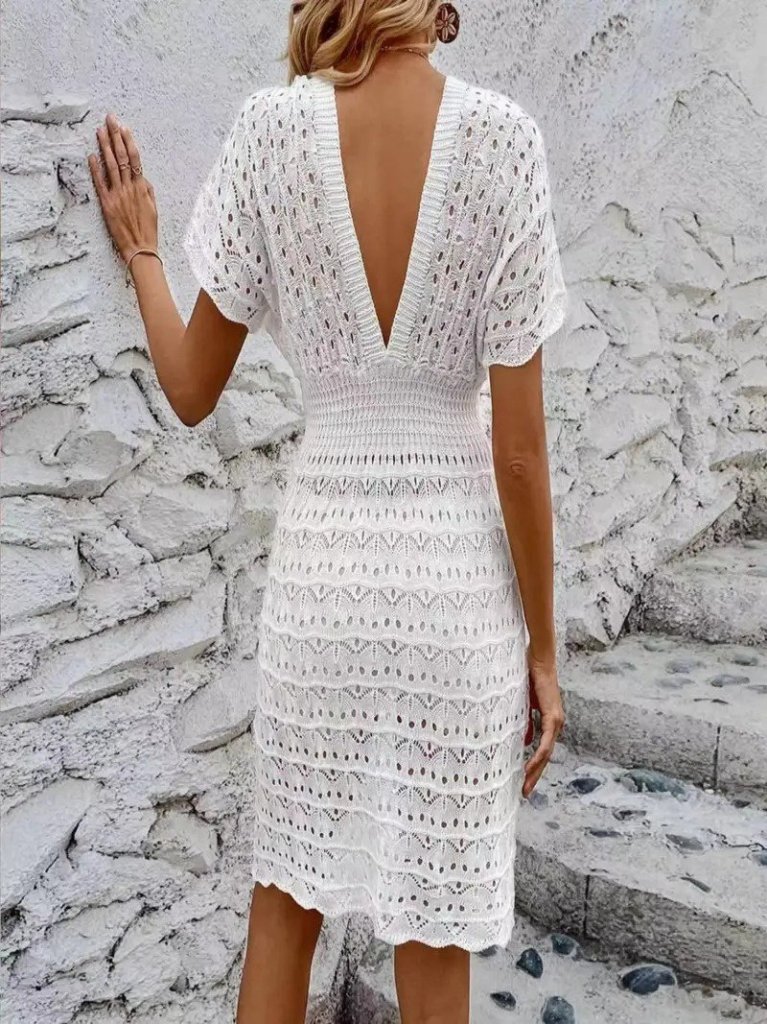 Kadın Kısa Kollu V Yakalı örme Triko Elbise - Görsel 3