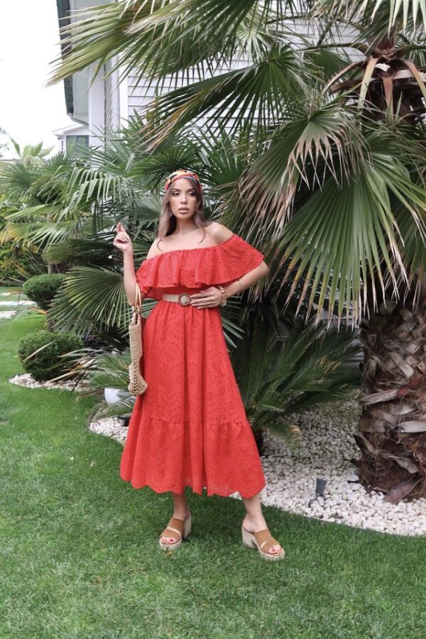 Yağ Yeşili Omzu Lastikli Brode Elbise