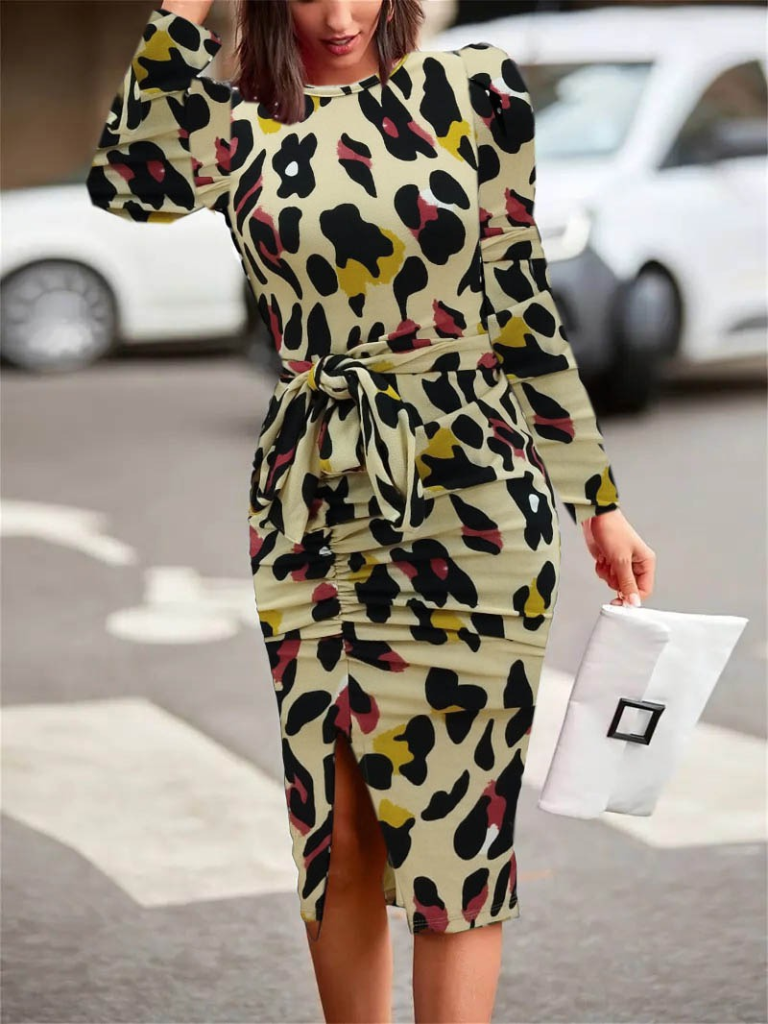 Kadın Uzun Kollu Yuvarlak Yaka Belden Kuşaklı önden Yırtmaçlı örme Krep Elbise - Görsel 7