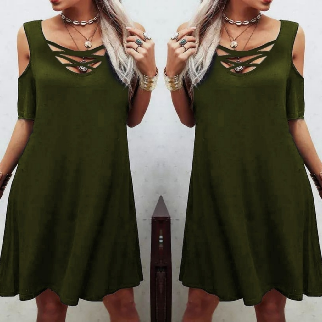 Dekolteli Bağcık Detay Viskon Kumaş Elbise - Görsel 7