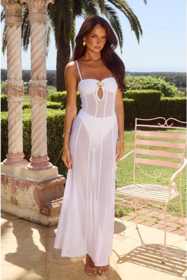 Kadın File Ve Sendy Kumaş Broş Detaylı Transparan Pareo