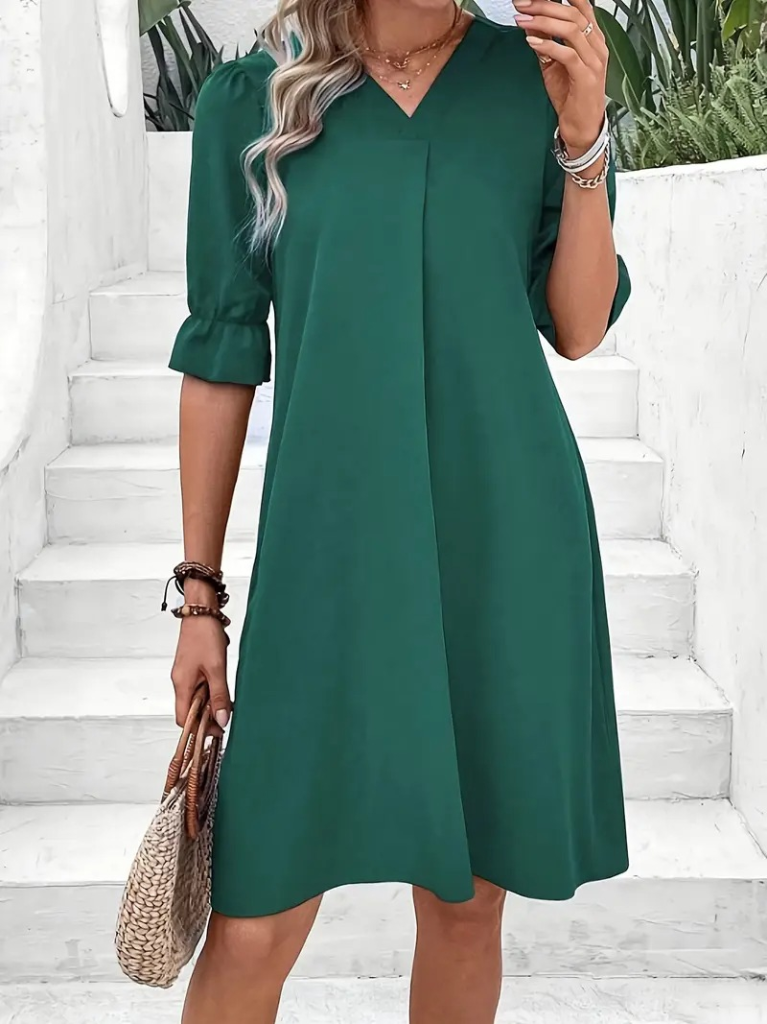 Kadın Kısa Kollu V Yakalı Salaş Janjan Krep Elbise - Görsel 10