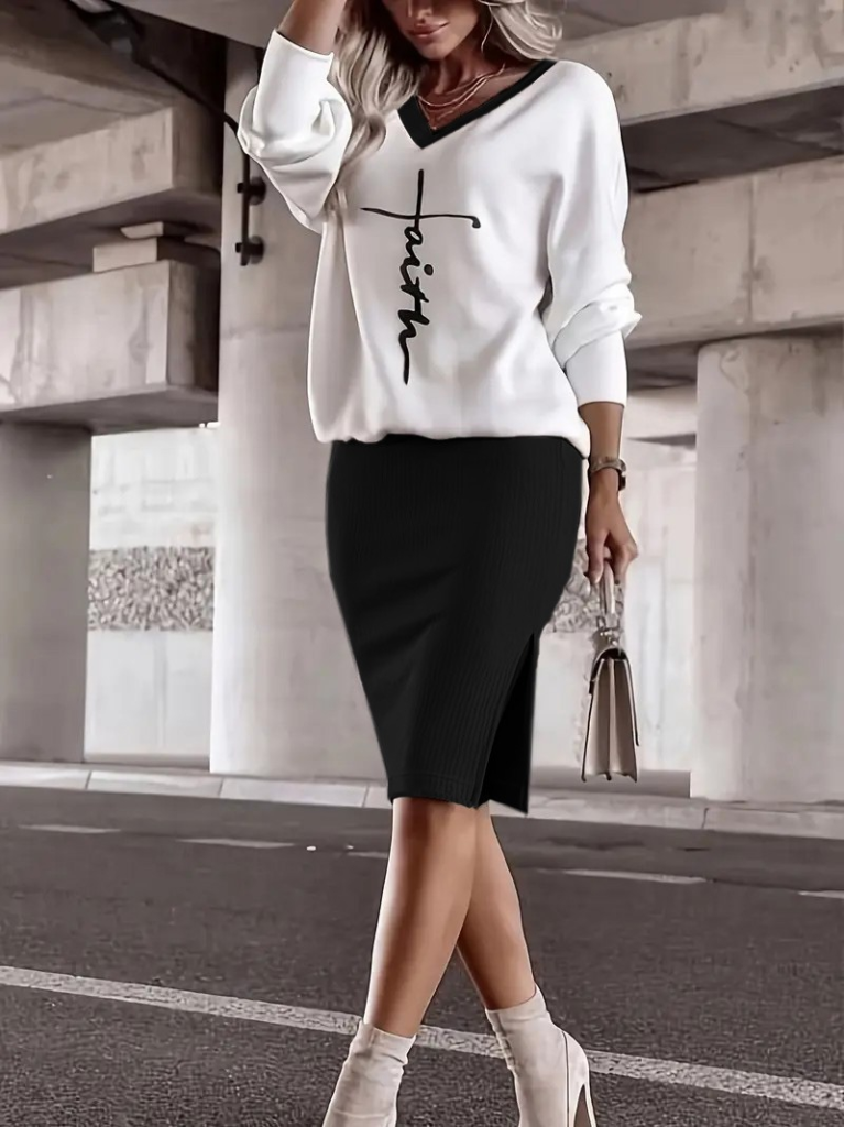 Kadın Uzun Kollu V Yakalı Iki Iplik Bluz Ve şardonlu Kaşkorse Etek Ikili Takım - Görsel 3