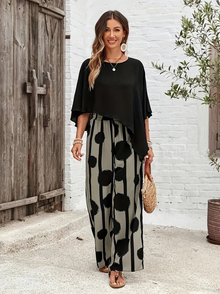 Kadın Truvakar Kol Bisiklet Yaka Asimetrik Dikişsiz Sandy Pelerin Bluz Ve Desenli Pantolon Ikili Takım - Görsel 4