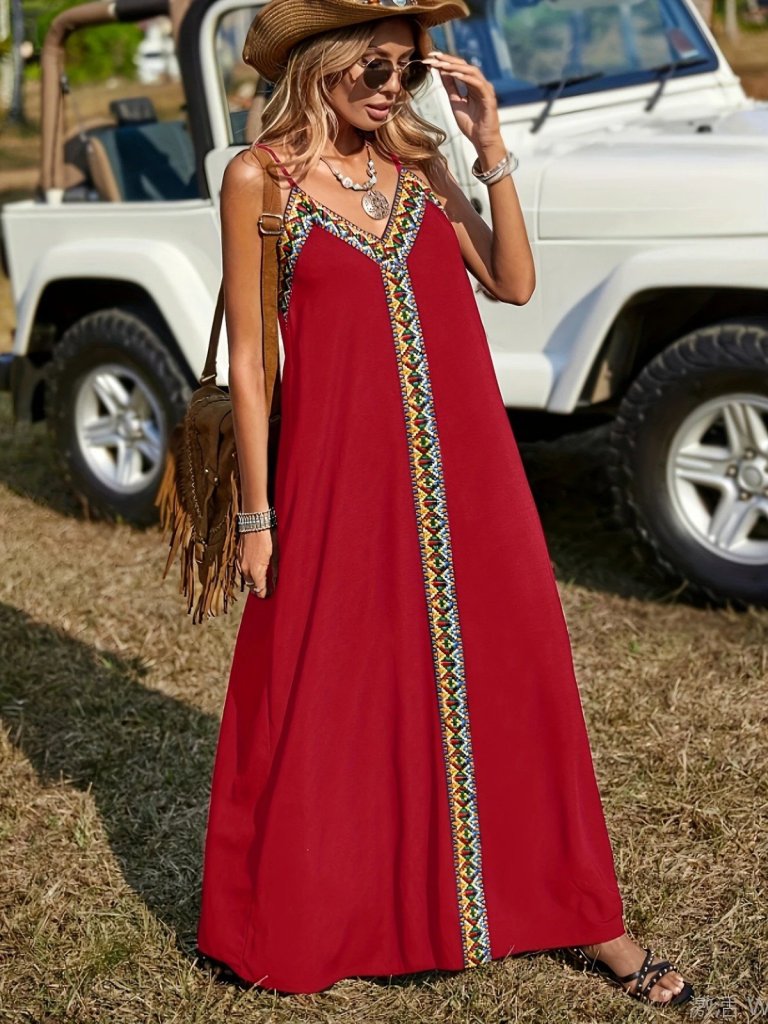 Kadın Askılı V Yakalı Etnik şerit Detaylı Uzun Viskon Elbise - Görsel 15