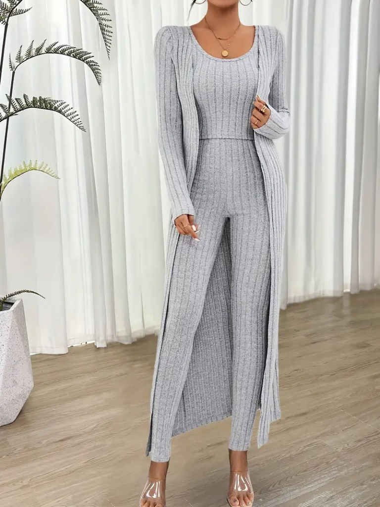 Kadın Yuvarlak Yaka Askılı Krop Bluz Yüksek Bel Tayt Ve Uzun Hırka şardonlu Kaşkorse üçlü Takım - Görsel 4