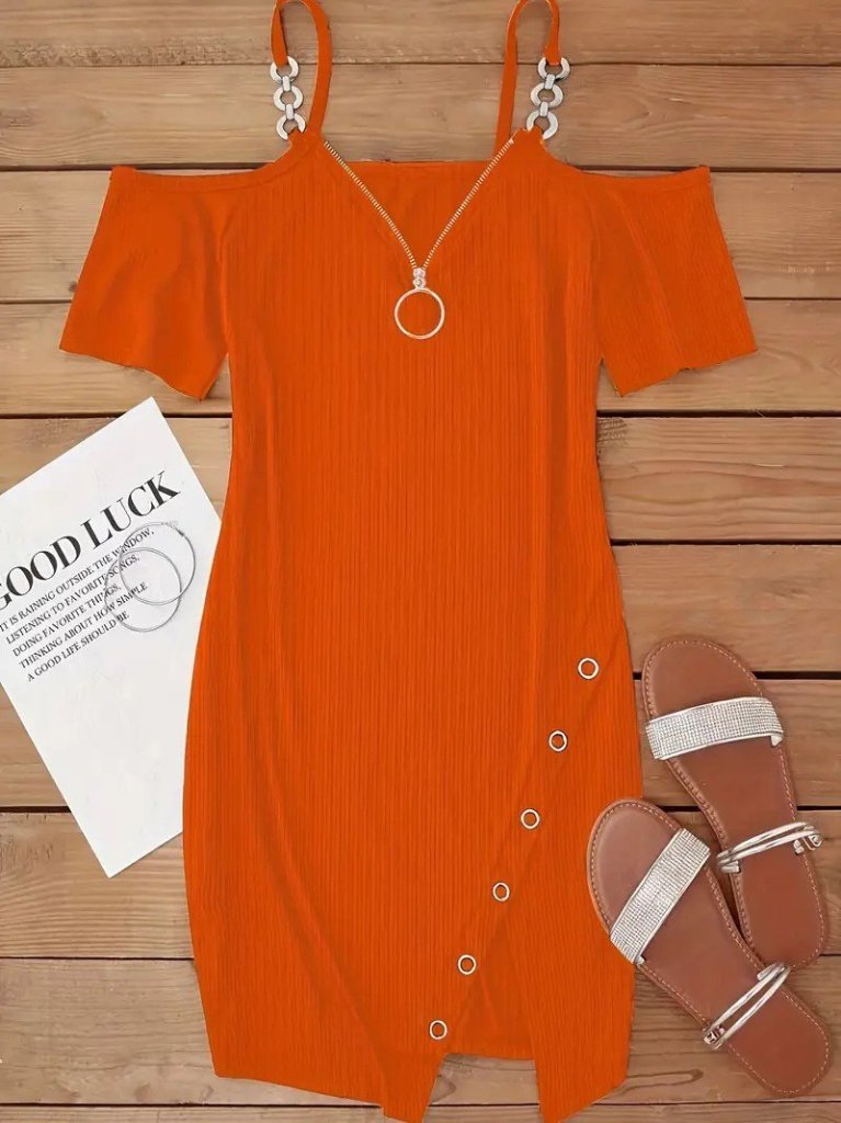 Kadın Askılı önü Fermuarlı Asimetrik Kesim Detaylı Kalın Fitilli Kaşkorse Elbise - Görsel 2