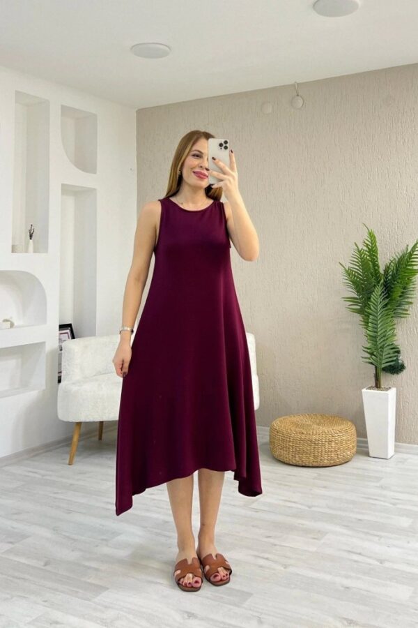 Kadın Askılı Yuvarlak Yakalı Asimetrik Kesim Detaylı Viskon Elbise