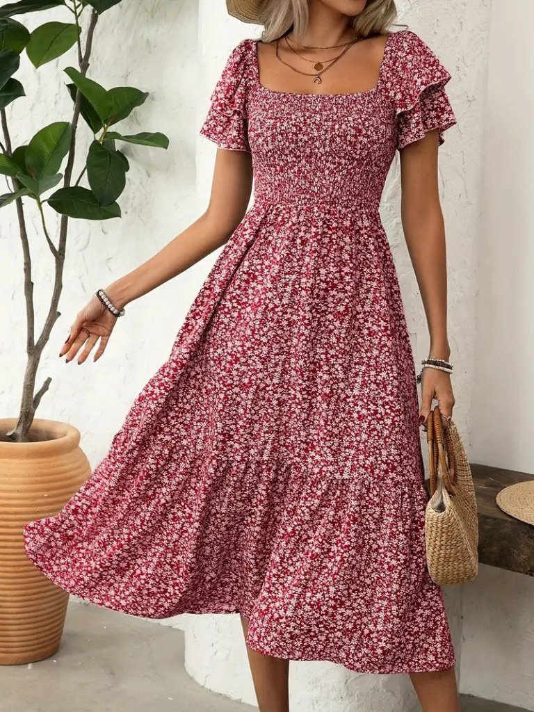 Kadın Kısa Kollu Gipe Detaylı Desenli Midi Süprem Elbise - Görsel 6