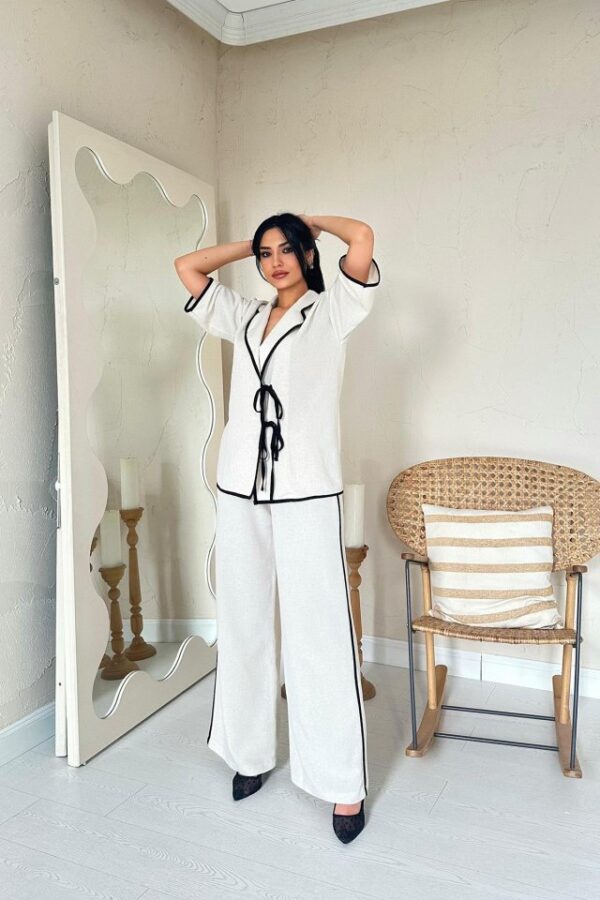 Bej Biye Detaylı Keten Takım