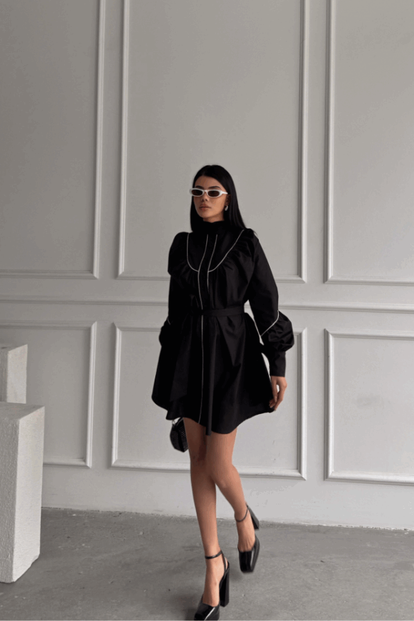 ÖNDEN DÜĞMELİ POPLİN KLOŞ ELBİSE BAĞLAMA KEMER DETAYLI - Siyah