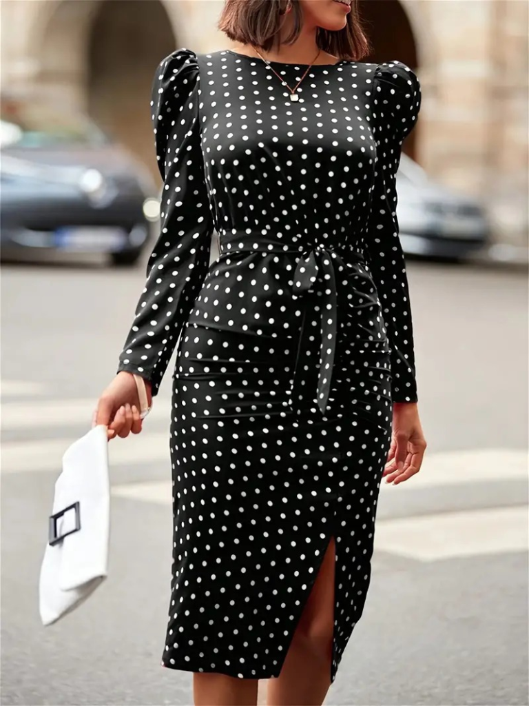 Kadın Uzun Kollu Yuvarlak Yaka Belden Kuşaklı önden Yırtmaçlı örme Krep Elbise - Görsel 4