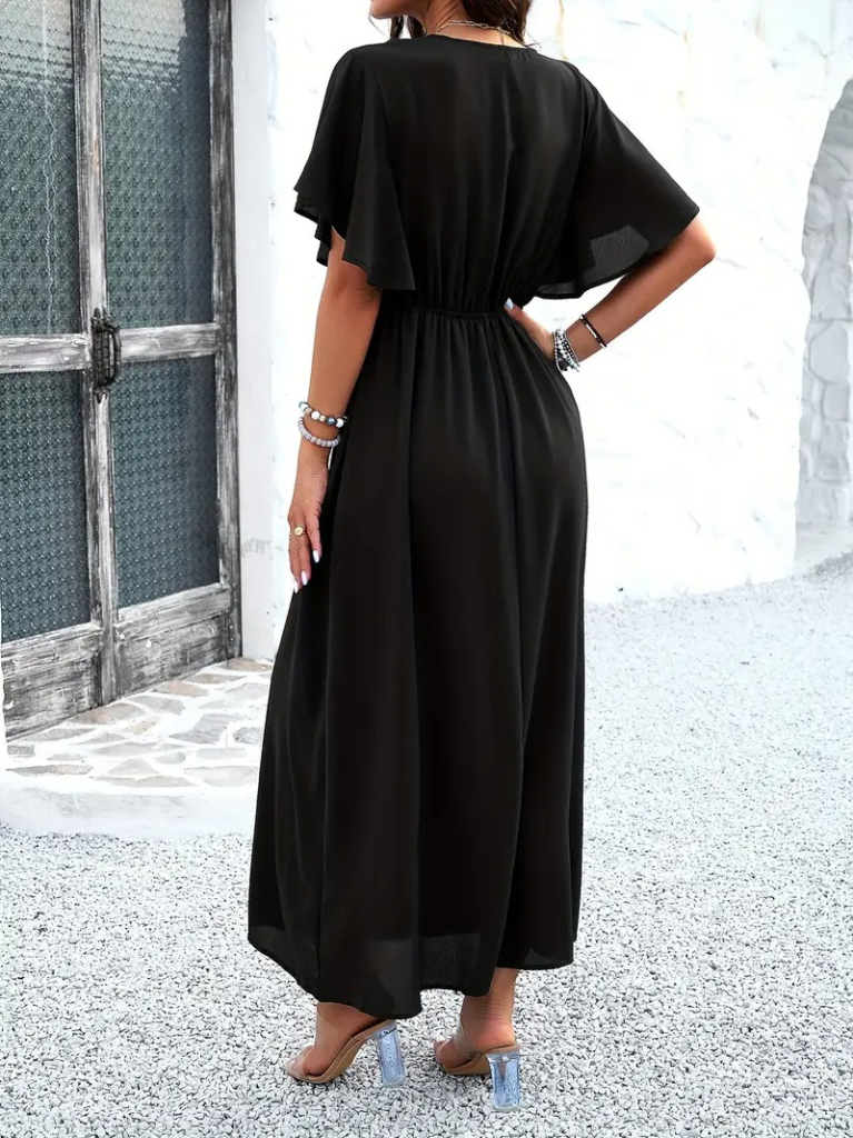 Kadın Kısa Kollu V Yakalı Beli Lastikli Uzun Viskon Elbise - Görsel 2