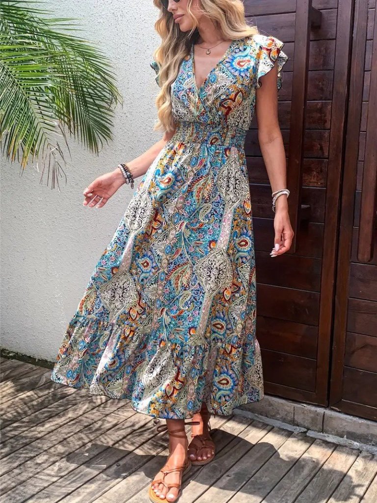 Kadın Kısa Kollu Kruvaze Yakalı Desenli Maxi Elbise - Görsel 7