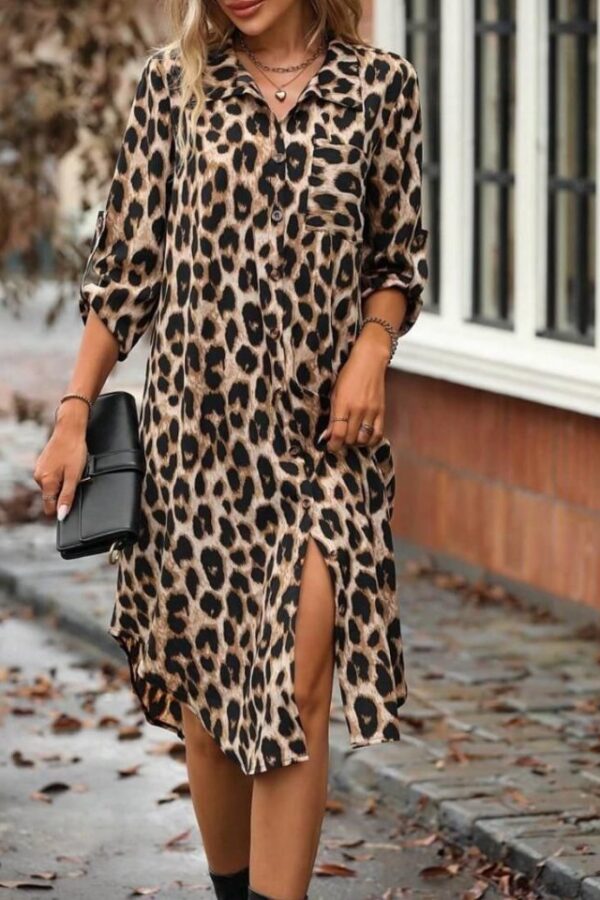 Kadın Leopar Desenli Cep Detay Kolu Manşetli Moskrep Gömlek Elbise