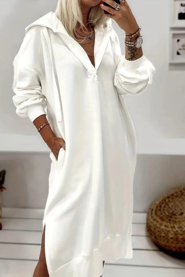 Kadın Uzun Kollu Kapüşonlu Yakası Açık Modal Elbise