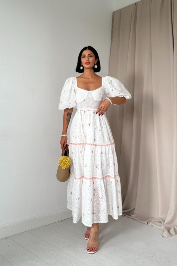 Sarı Dantel Detaylı Brode Elbise