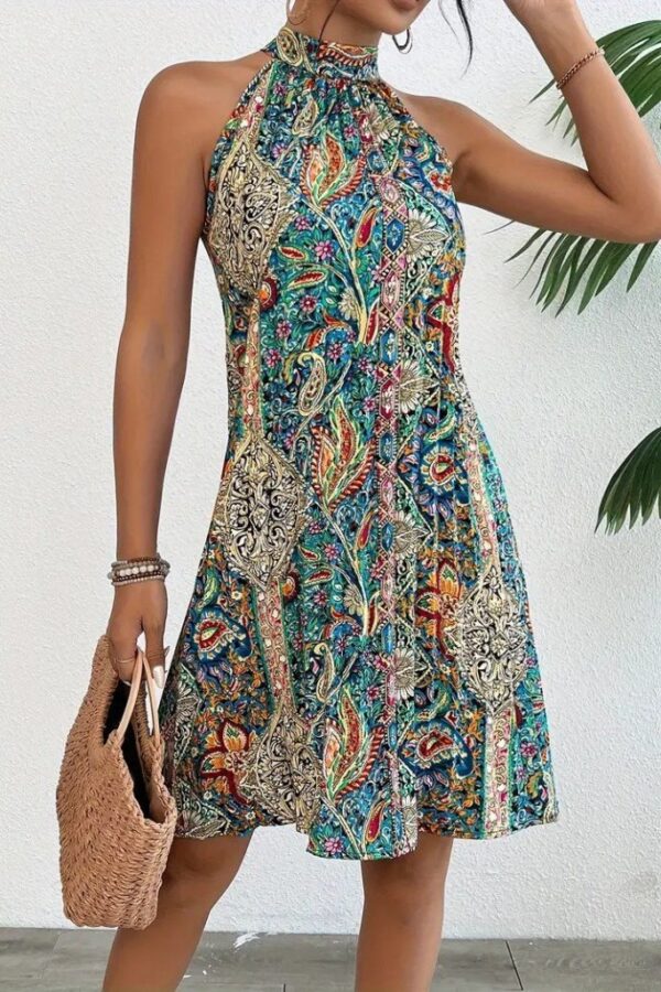 Kadın Kolsuz Boyundan Askılı Desenli Midi Süprem Elbise