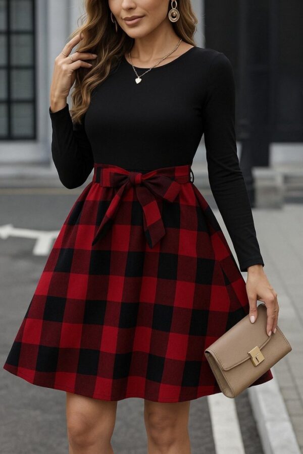 Kadın Uzun Kollu Bisiklet Yaka üst Viskon Alt Ekose Kısa Elbise